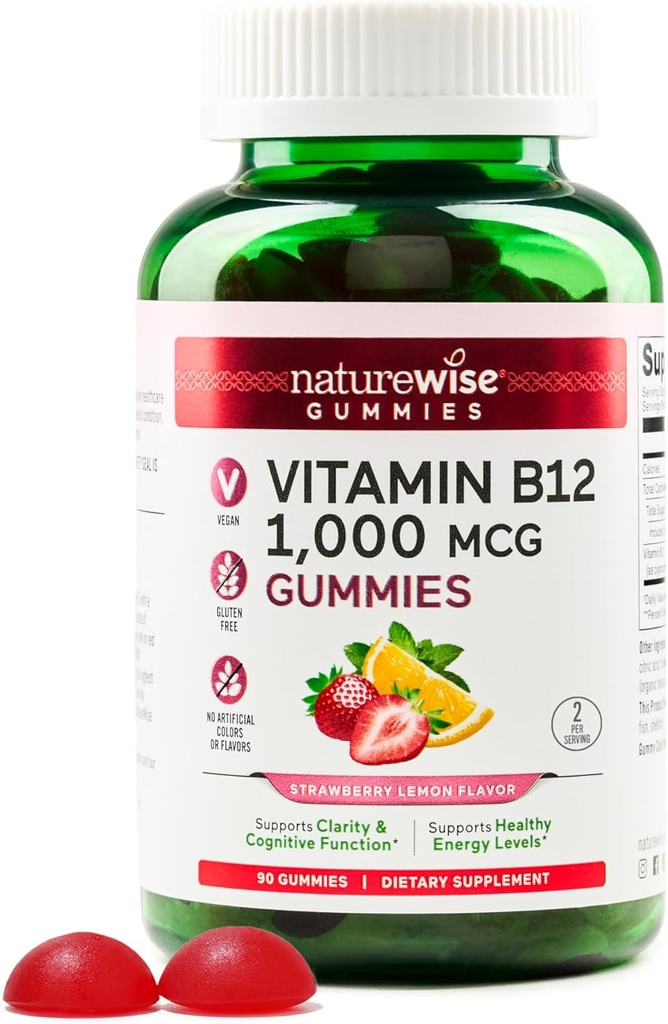 NatureWise Vitamin B12 Gummies za odrasle, 1000 μg - Jagodna limonina aroma - podpira dnevno energijo, mentalno jasnost, kognitivno funkcijo - Veganska, Gluten-free, Ne-GMO - 90 Count[45-Day Supply]