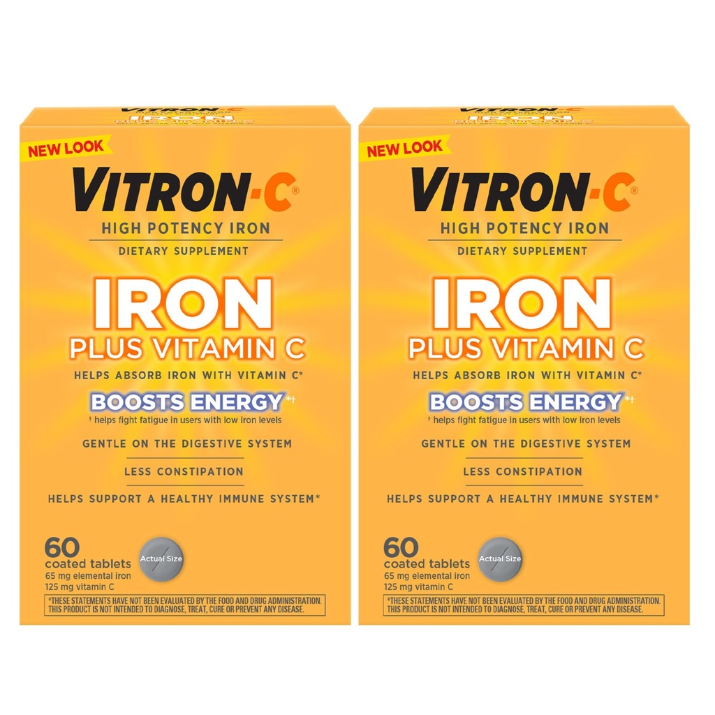 Železo Vitron-C dodatek, enkrat na dan, visoka moč železa plus vitamin C, podpora proizvodnjo rdečih krvnih celic, barve brez tablet, 60 število, 2 paket