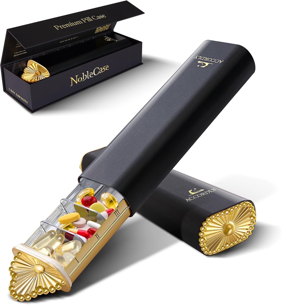 Premium tedenske tablete Organizator, 7-dnevno kompaktne tablete Primer za torbice, Lahka zlata tablete tablete Aluminij Škatla za vitamine, Medicina, Dodatki, Luksuzno darilo Wellness