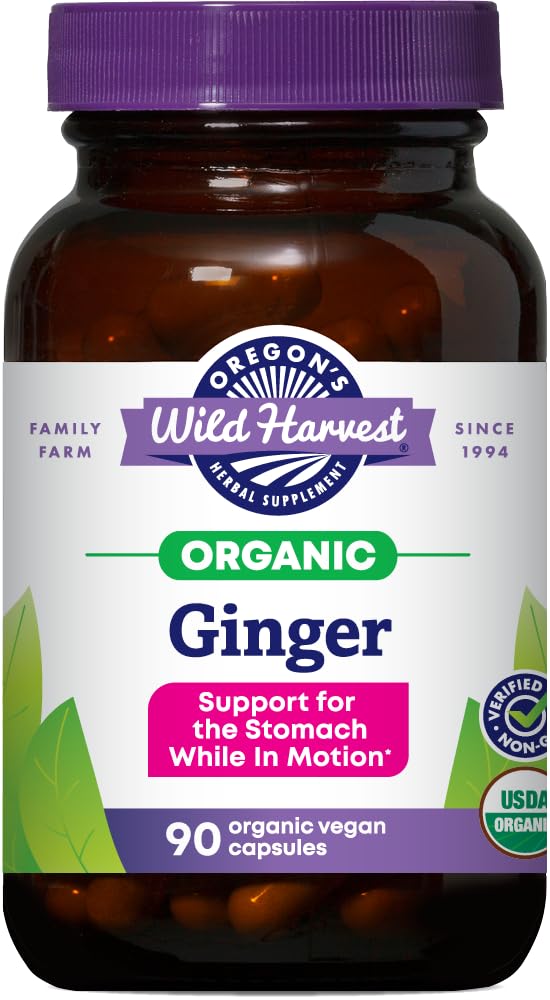 Oregon's Wild Harvest, Certified Organic Ginger kapsule za podporo želodca, Non-GMO, 1000 MGS, 90 Count