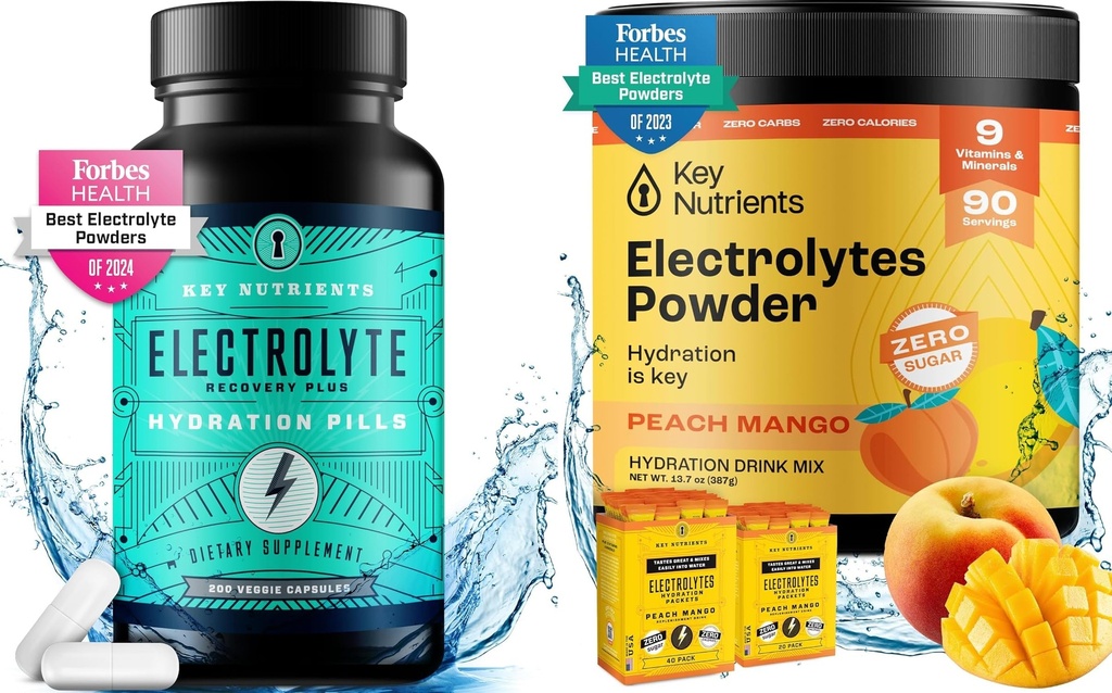 KLJUČNI HRANILCI Hidracija in energetika Elektrolitski paket – Elektrolitske tablete in Tropical Peach Mango Multivitaminski prah, brez sladkorja