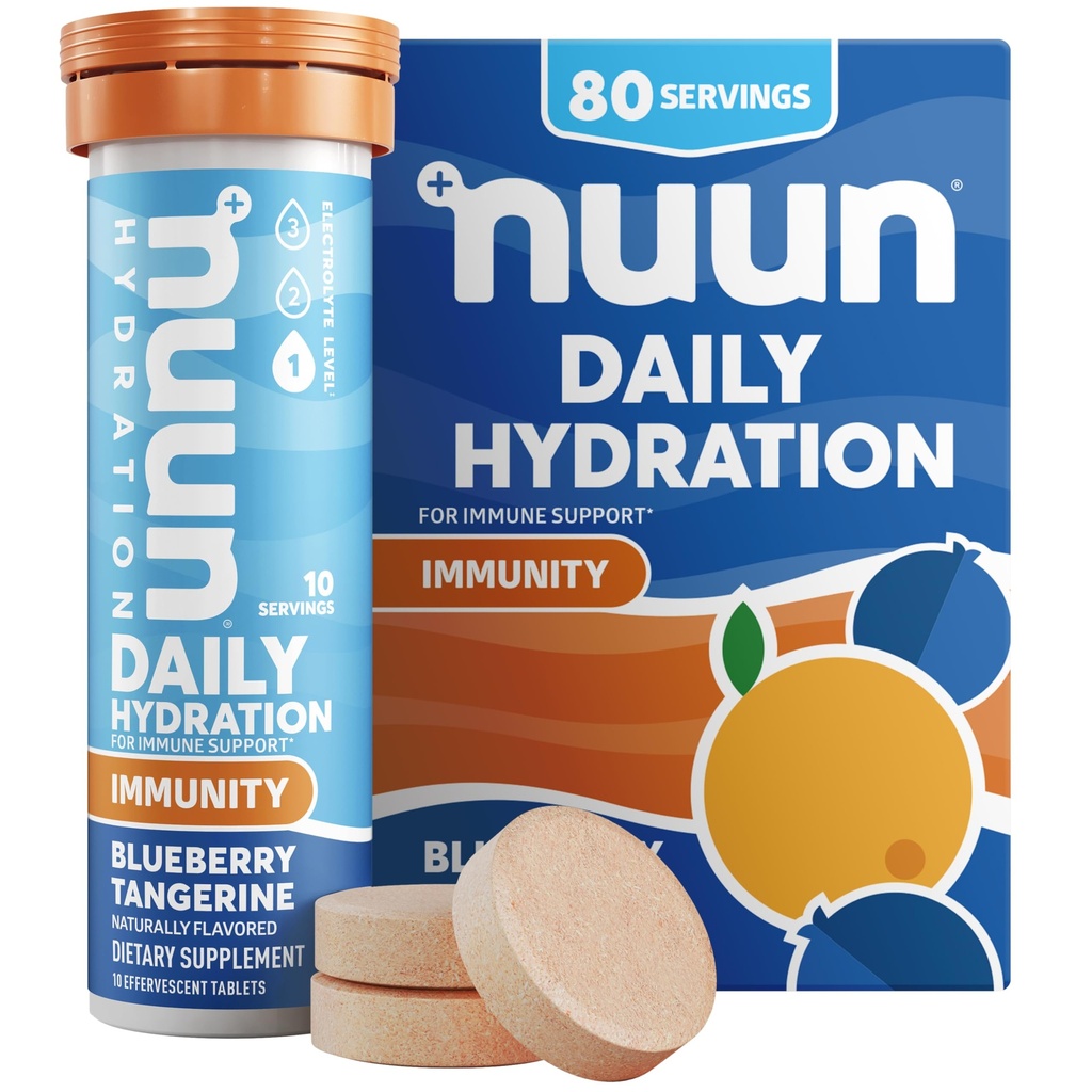 Nuun Immuniteta Elektrolitske tablete z vitaminom D, C, E, & A, ingver, Bezgove jagode, magnezij & 4 drugi Eterični elektroliti, Vegan, borovničev tangerin, 8 Pack (80 Servings skupaj)
