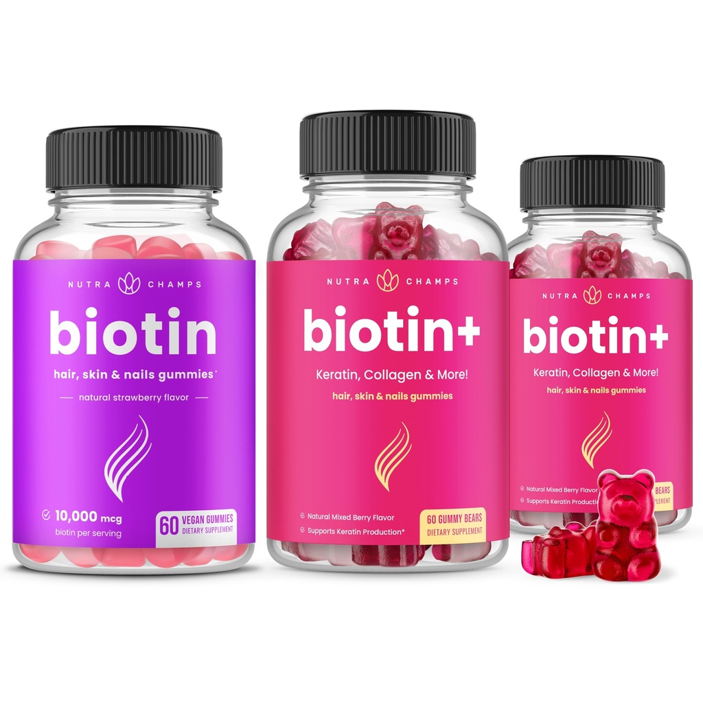 NutraChamps Popolna Biotin paket za lase, kožo in nohte. Biotin in Biotin+