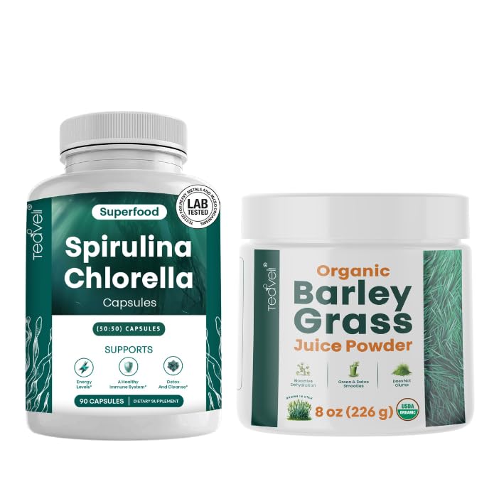 Teaveli Spirulina in Klorella kapsule in orgaični ječmenov sok v prahu
