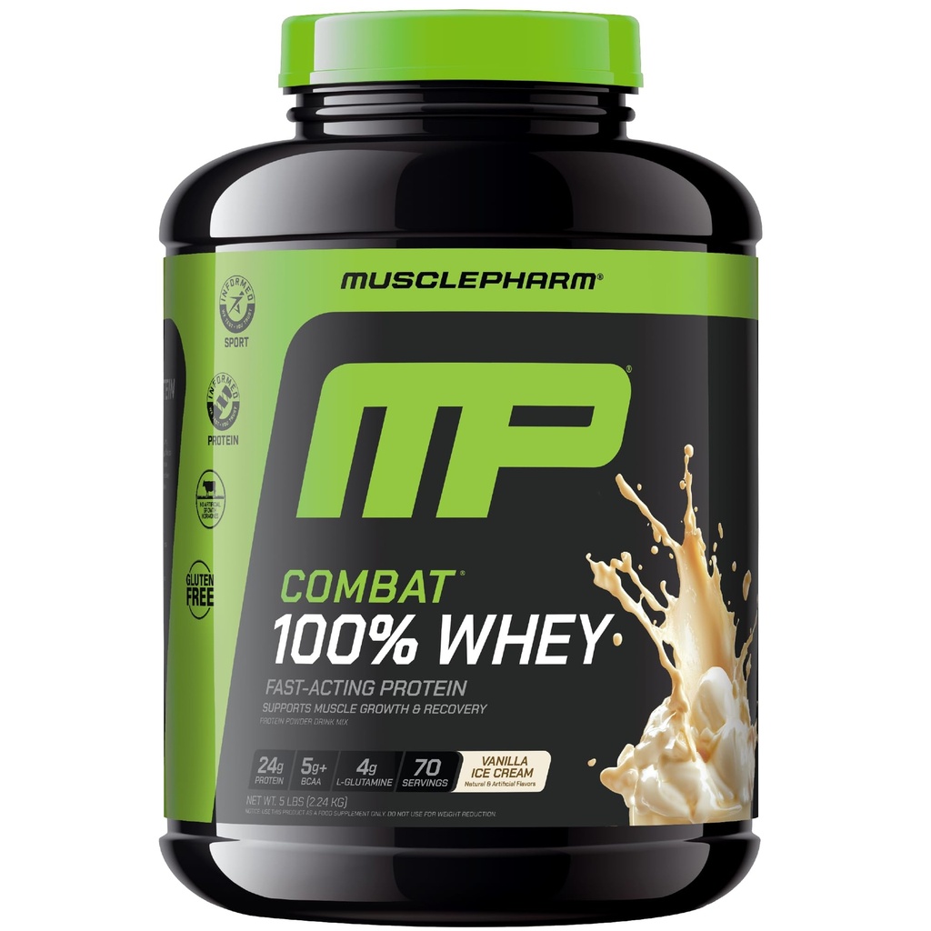 MusclePharm Combat 100% Whey Protein Powder, aroma vanilije, hitro okrevanje in mišični dobiček z izolatom sirotkinih beljakovin, visoke beljakovine v prahu za ženske in moške, brez glutena, 5 lb, 70 Serving