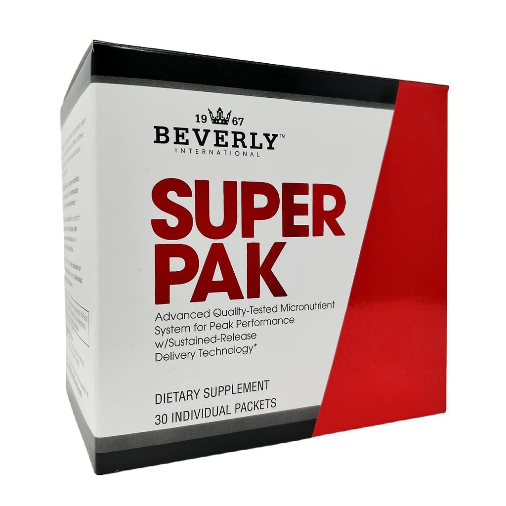 Beverly International Super Pak. 30 paketov. Multivitamin z visoko gostoto, dnevni paket za energijo, zmogljivost, zdravje imunskega sistema. Po meri oblikovan za športnike, aktivne moške in ženske od leta 1970.