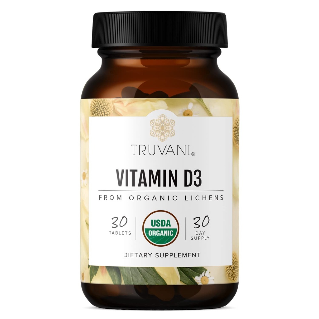 Truvani Organski vitamin D3 - Na bazi rastlin, USDA Organski, Gluten-free, Non-GMO, Vegan D3 dodatek - podpira zdravje kosti, imunskega in možganov - 30 tablet