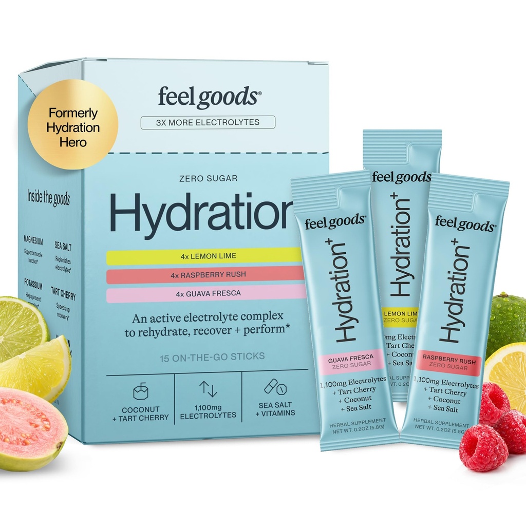 Feel Goods Hydration Hero, Variety Pack, 1.000mg Elektroliti v prahu, brez sladkorja, Magnezij, Organic Aloe Vera, L Theanine, Vitamin C, Vegan, Non GSO, On The Go Electrolyte Packets, 12 Število