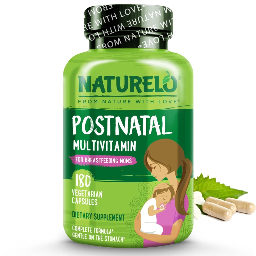 NATURELO Postnatalni multivitamin - dodatek za dojenje ženske - na rastlinah osnovan vitamin D, folat, nežen likalnik - za nego matere, otroka - Po natalnem dojenju Podpora 180 Kapsule