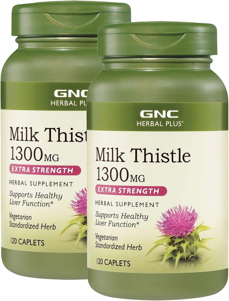 GNC Herbal Plus mleko Thistle 1300mg, Twin Pack, 120 Caplets na steklenico, Podpira zdravo delovanje jeter