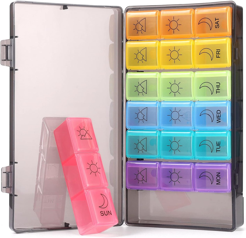 Tedenske tablete Organizator 7 dan 3 krat, Prenosne tablete Organizator, BPA brez tablete primera, Travel Daily Pill Box Opomnik, Zdravila Organizator za vitamine, Dodatki (Rainbow)