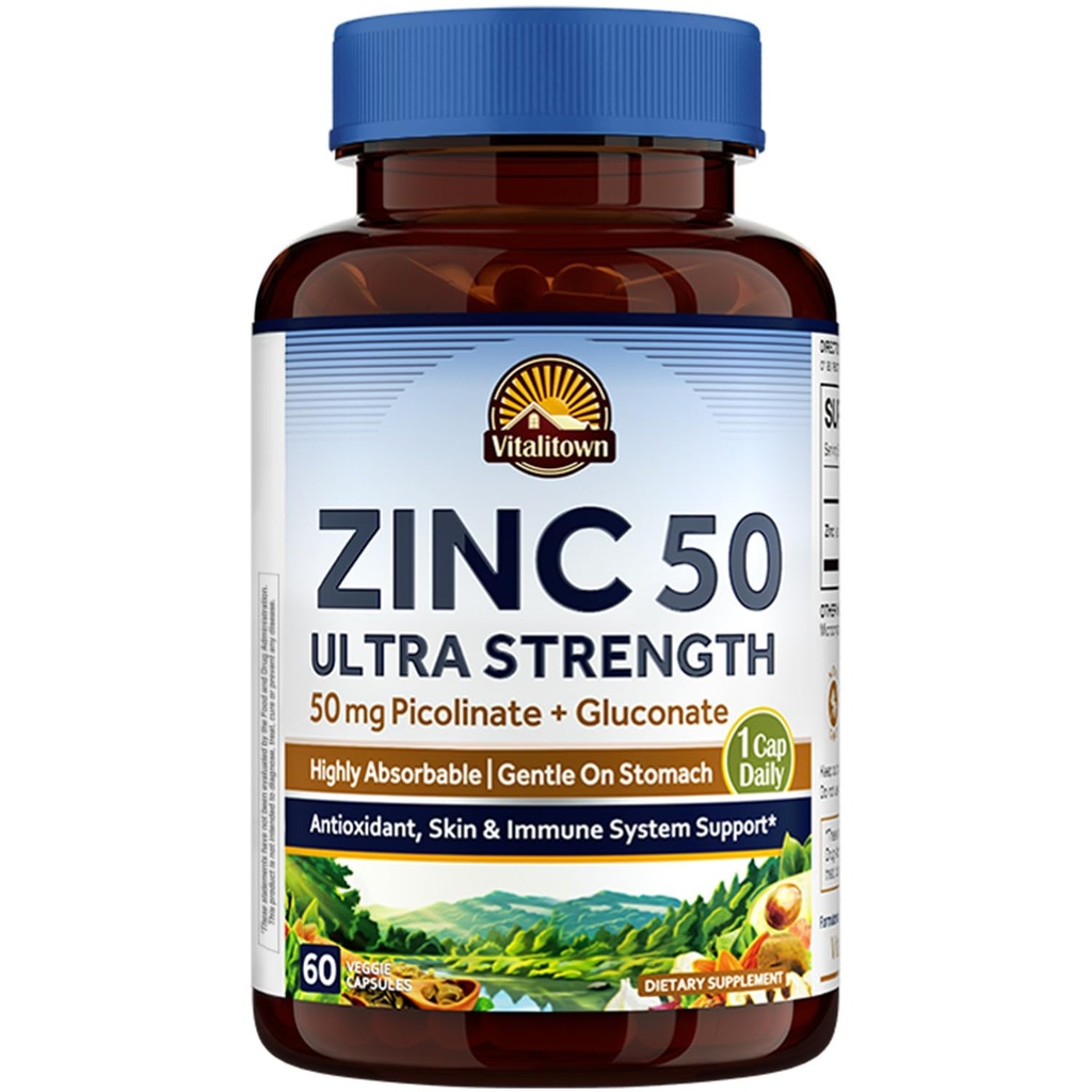 Vitalitown kelirani cink 50 mg, cinkov pikolinat in glukonat, 60 Veggie kapsule, dobro absorbirani, imunski sistem, zdrava koža in razvoj, Vegan, NO Gluten, Non-GMO