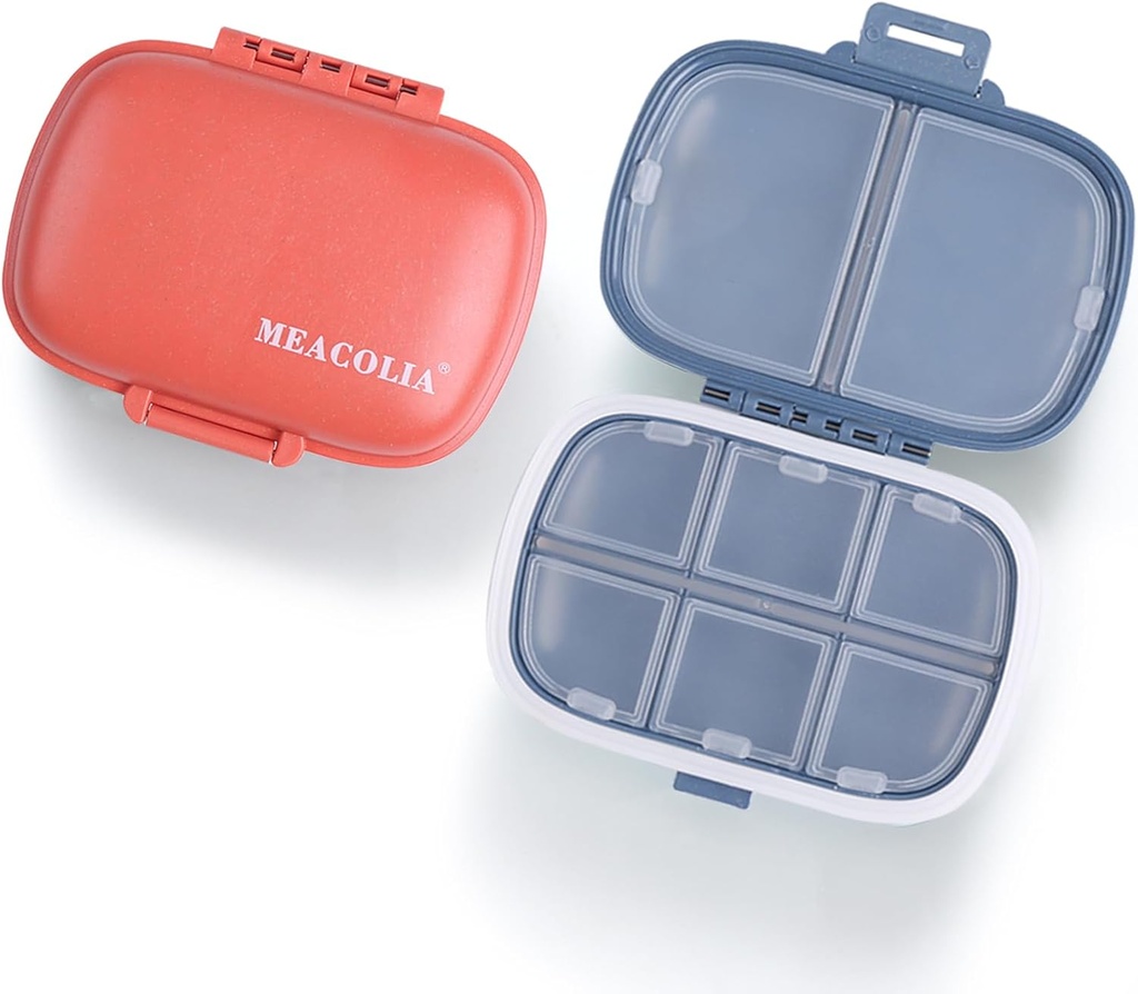 MEACOLIA 2 Pack 8 Compartments Travel tablet Organizator Box Dokaz o vlagi majhna tableta Zabojnik za Žepka Purse Daily tablet Imetnik vsebnik za zdravila Vitamin (temno modra in rdeča)