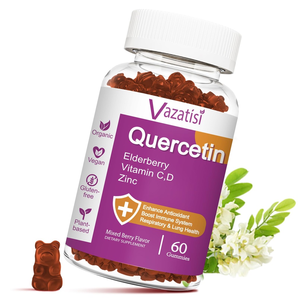 Quercetin Gummies, Quercetin z vitaminom C cink, bromelain, bezgavka in vitamin D, Imunska podpora odrasli otroci, ženske moški, 60 Gummies žvečljivi