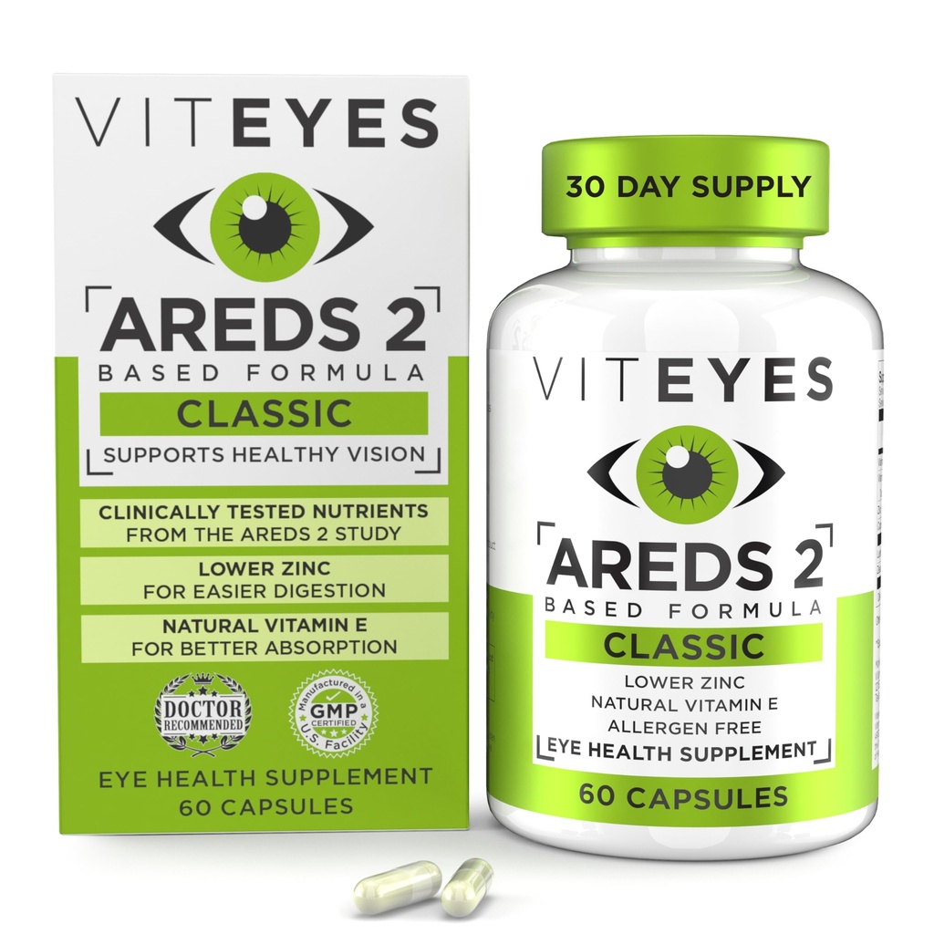 Viteyes AREDS 2 Eye Vitamini, Classic Macular Support, Alergen proste kapsule, z naravnim vitaminom E, Vitamin C, cink, baker, Lutein & Zeaxantin, Eye Doctor Trusted, Proizvedeno v ZDA, 60 Ct
