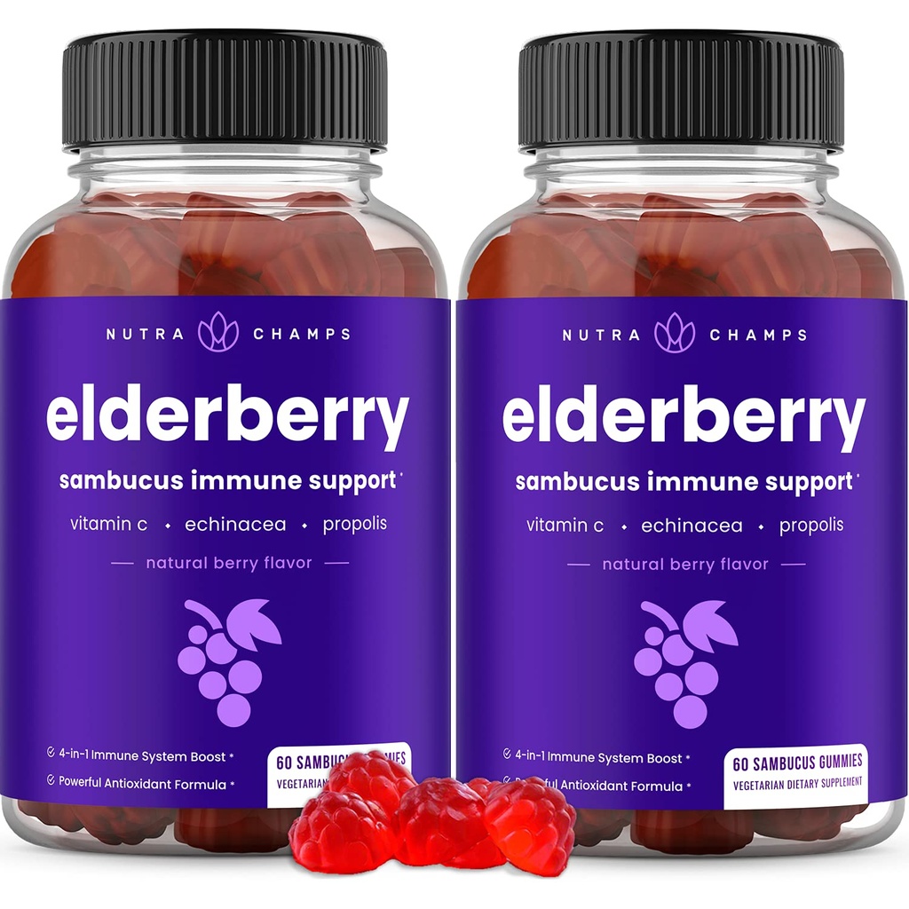 NutraChamps Elderberry Gummies, Sambucus Elderberry Gummies za odrasle in otroke, Vitamin C, Propolis & Echinacea, Max Jakost imunske podpore Gummies, Natural Berry Flavor, 120 Gummies (Pack z 2)