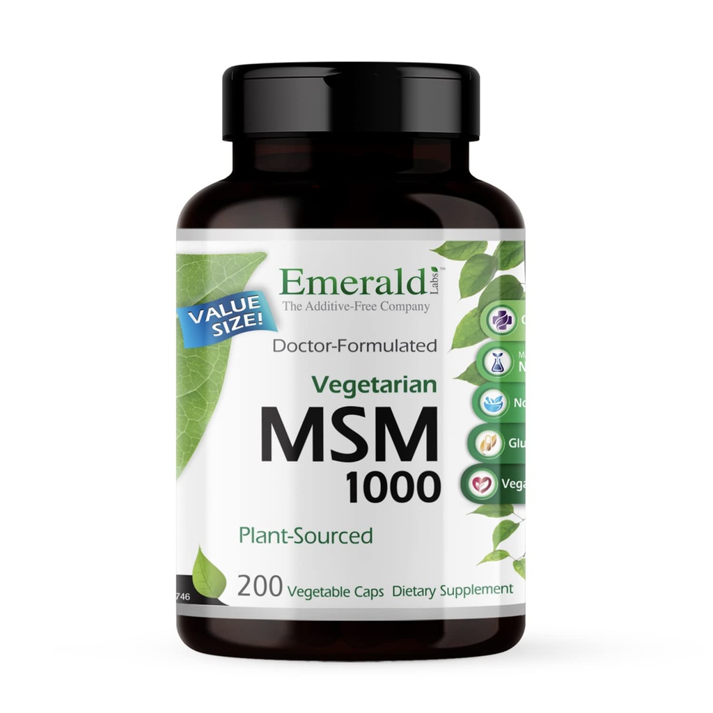 EMERALD LABS MSM 1000mg - Joint, Jetra in Imunska podpora dodatek z metilsulfonilmetan - Gluten-free & Dodatek-free - 200 Zelenjavne kapsule (do 100-dnevno oskrbo)