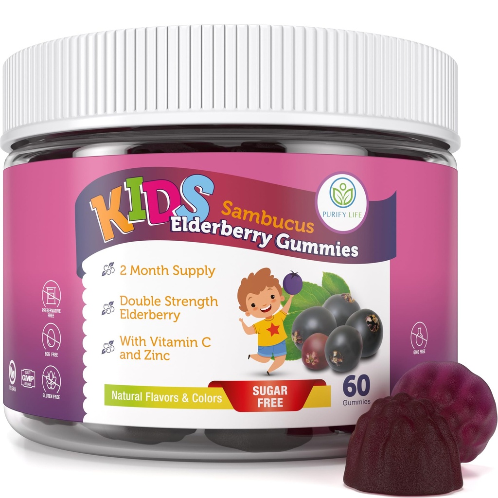 Čiščenje Life Sugar-free otroci Elderberry Gumies z vitaminom C & cink – Dnevna podpora imunskega dopolnila za otroke, Sambucus Antioksidant, Vegan, 60 Ct