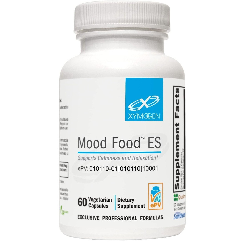 XYMOGEN Mood Food ES - Podpira umirjenost, sprostitev in zdravo razpoloženje z aktivnim folatom, B vitamini, 5-HTP, GABA, minerali, Suntheanin L-Theanin, Selen (60 kapsul)