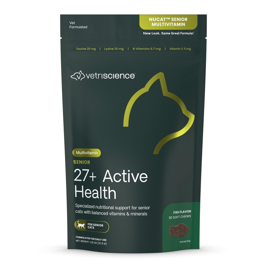 VetriScience Senior 27+ Aktivno zdravje Chews, Nu Cat Daily Multivitamin za starejše mačke, Uravnoteženi vitamini, Minerali in antioksidanti, zdravo staranje in wellness podpora, Ribe, 30 Število