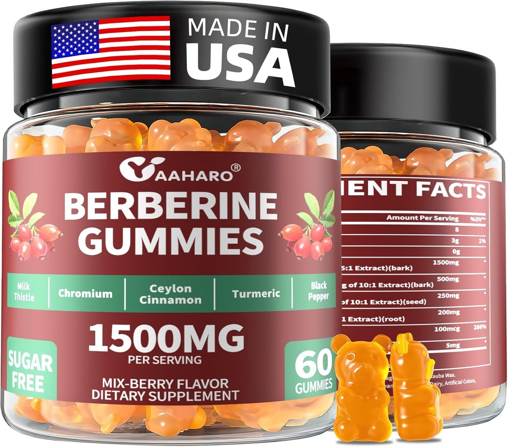 Berberine s Ceylon Cinnamon Gummies - 1500mg Berberine HCI dodatek s kromom,Turzijsko in mleko - Imunska podpora - za ženske in moške - 60 Sladkor brez Gumies