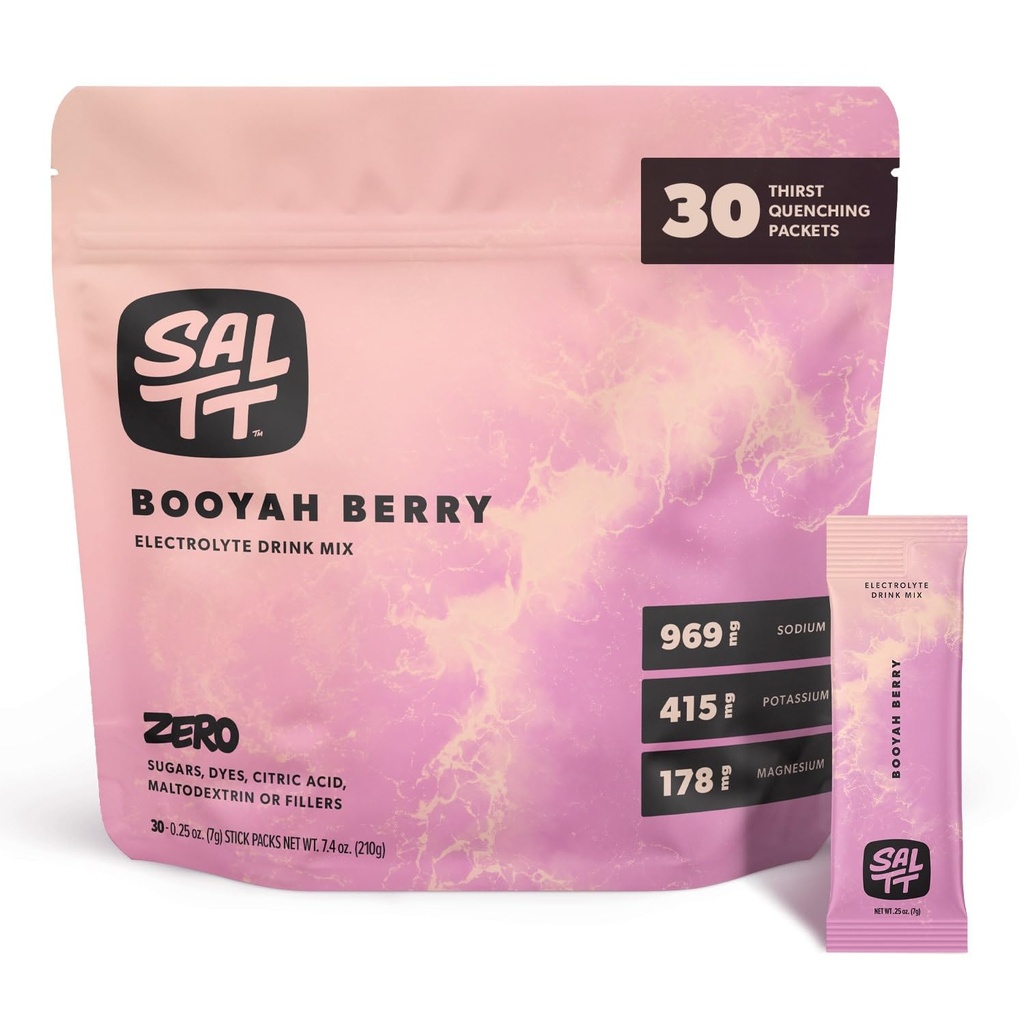 SALTT Elektroliti v prahu Aromatizirana pijača Mix - Booyah Berry - 30 Hydration Packets - Magnezij, Kalij, Natrij, Trace Minerals - Zero Sugar & Gluten Free - Potovalne bistvene