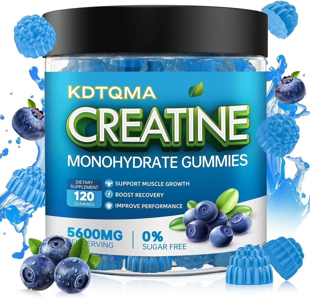Kreatin monohidrat Gumiji za moške in ženske 120 CT - 5600 mg kreatin monohidrata na serviranje, žvečljivi kreatin monohidrat za podporo mišic in povečanje energije, sladkor brez, vegan (Blueberry Flavor)