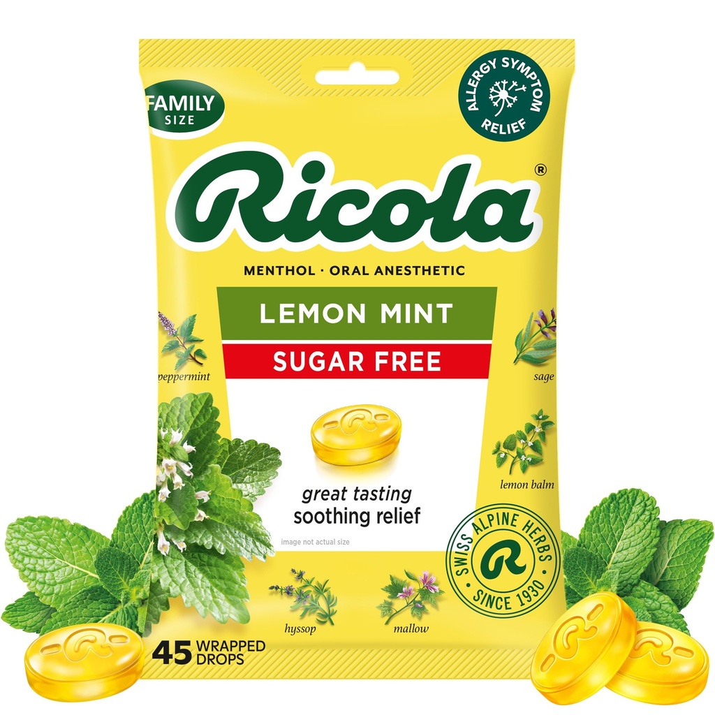 Ricola Sladkor brez limone Mint Throat kapljice, 45 Štetje, osvežitev olajšave od manjših razdražljivost grla, oralna anestetika