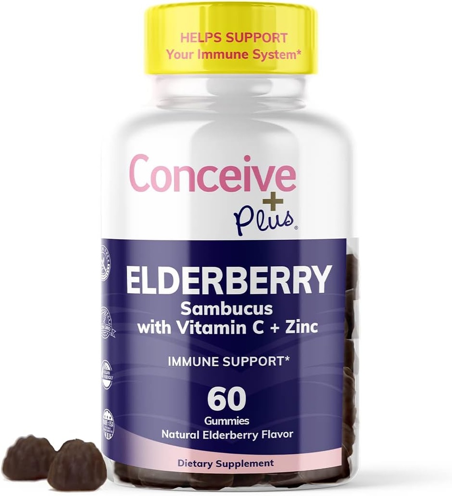 KONCEVNI PLUS Elderberry Gumies – Sambucus Black Elderberry z vitaminom C in cinkom, okusna borovničeva aroma, 60 Count, 30 Day Supply