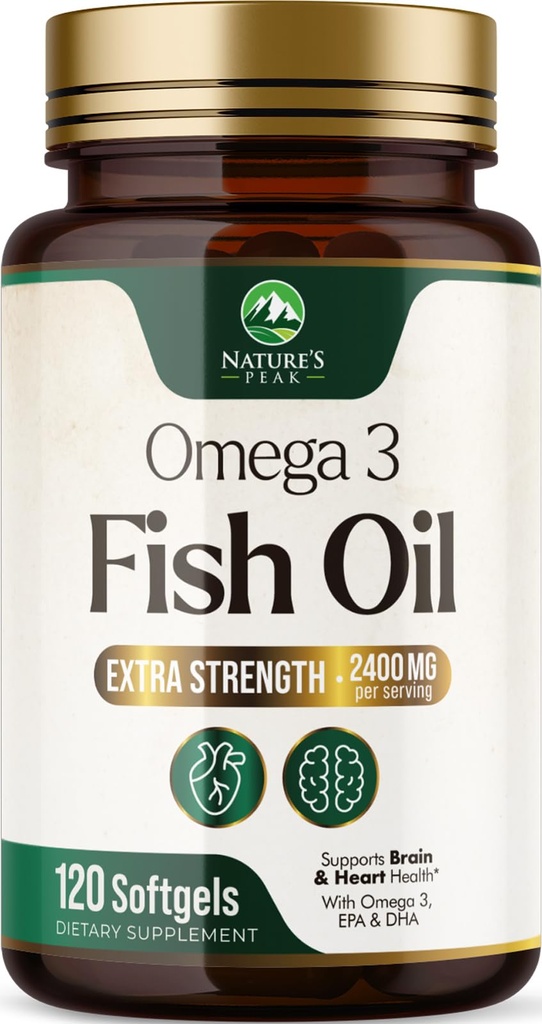 Omega 3 Ribje olje 2400 mg Dopolnilo, Trajno izvorno, Trojno moč Omega-3 Dopolnilo Softgels, Podpora za zdravje možganov, EPA & DHA Ribje olje Maščobne kisline Dopolnila, Gluten & GSO, 120 Mehkužci
