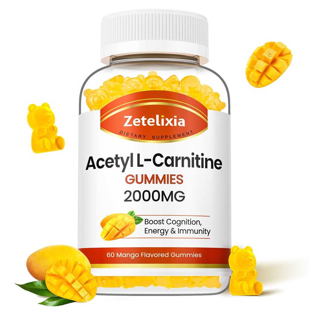 Acetil L-karnitin Gumies, L-karnitin dodatek za ženske in moške, prehranska dopolnila za povečanje energije, imuniteto in zdravje možganov, Vegan, Non-GMO, Mango Flavor, 60 Count