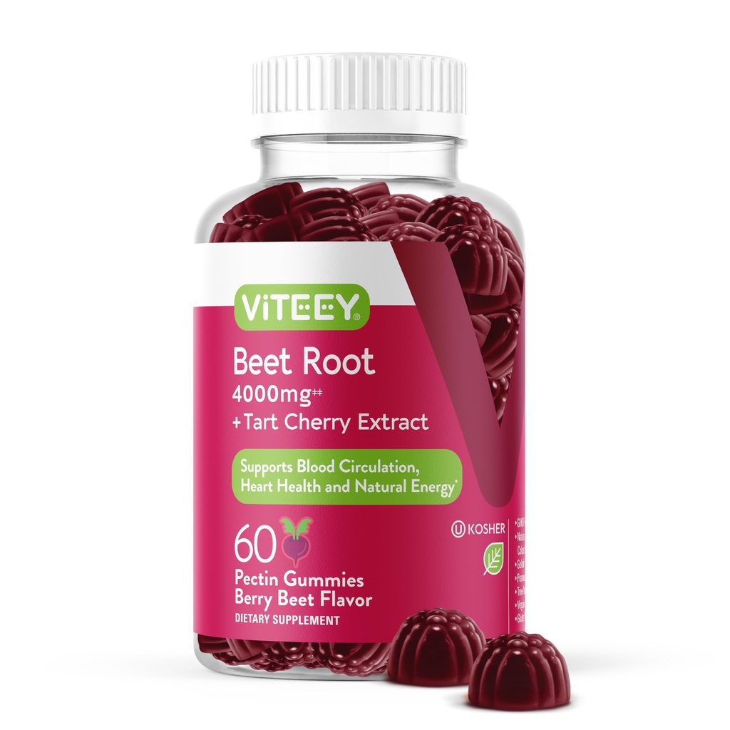 Viteey Beet Root Gummies 4000mg s Tart Cherry - za zdravo podporo krvnega tlaka - Vegan, želatina brezplačno, Gluten brezplačno - Okusno žvečljiva Berry Beet arome Gummy