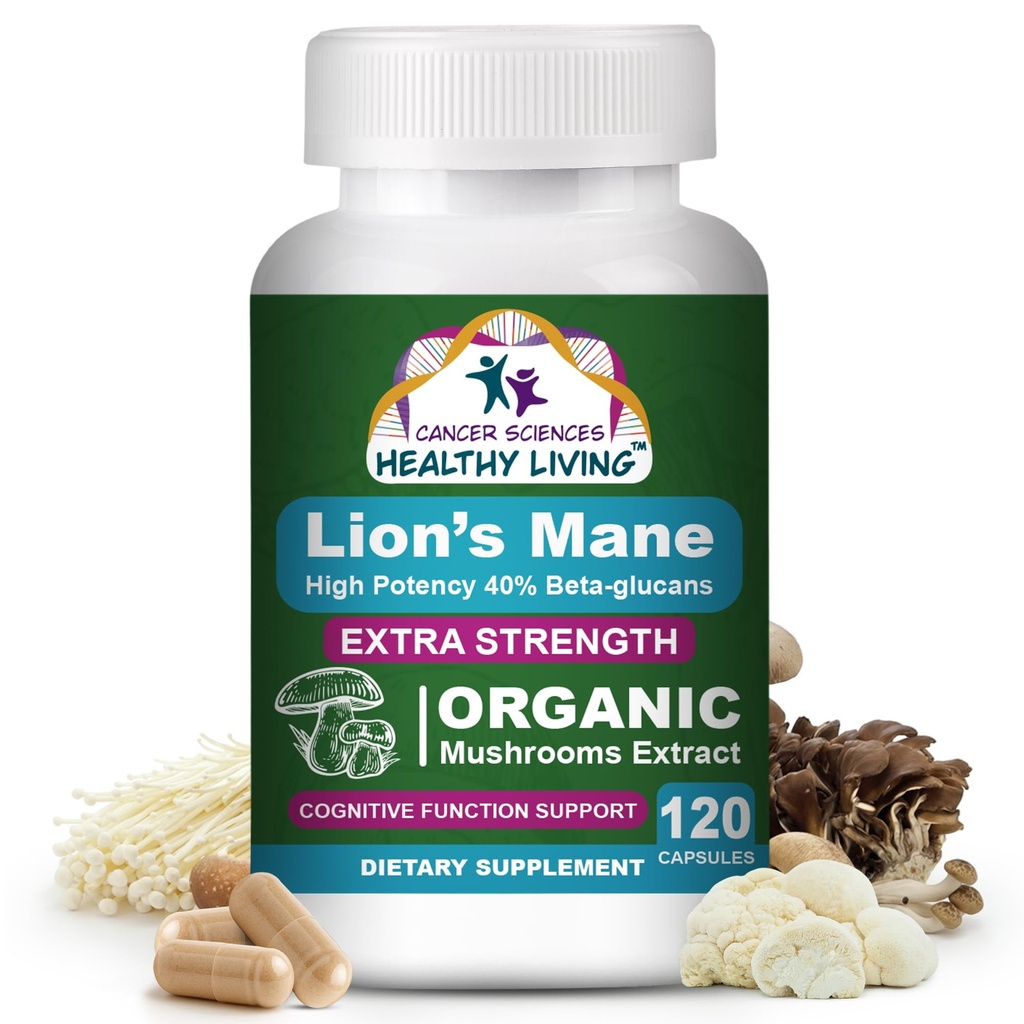 Rak Sciences Organic Lions Mane Gobe Dopolnilo Kapsule za moške in ženske - 1500mg Možganski dodatki za spomin in fokus - Visoka moč 40% Beta-glukani - Nootropna goba kompleks, 120 Count