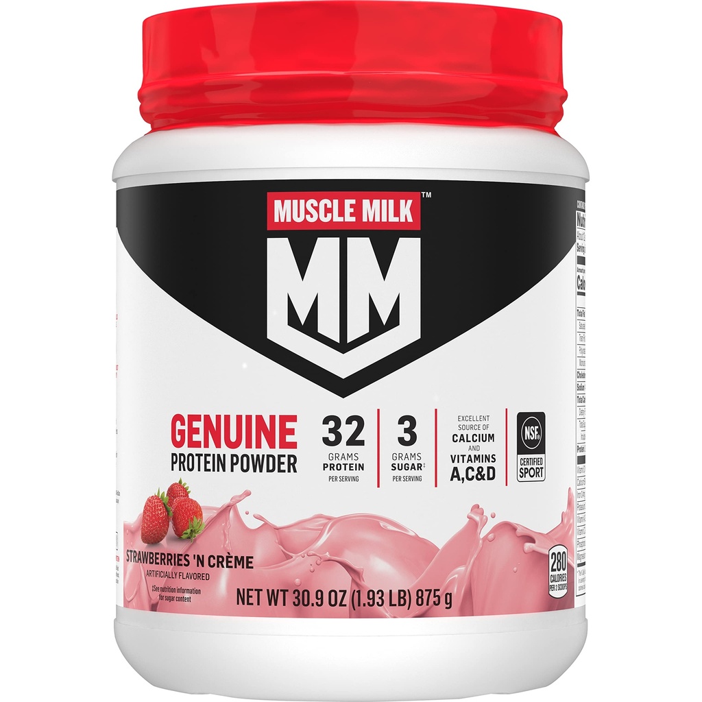 Mišično mleko Pristni proteini v prahu, Jagode „N Crème, 1,93 funti, 13 servingi, 32g beljakovine, 3g sladkor, kalcij, vitamini A, C & D, NSF Certified for Sport, Energiring Prigrizek, pakiranje maj Vary