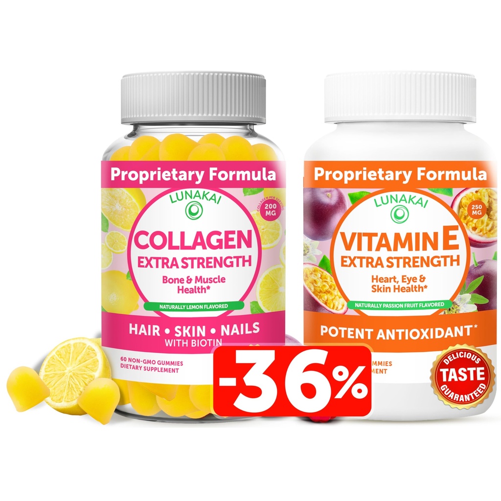 Lunakai Colagen in vitamin E Gummies Bundle - Ne-GMO Anti Staranje dopolnila za moške in ženske - Naravni Gummy z vitaminom C & 250 mg Naravni VIT E