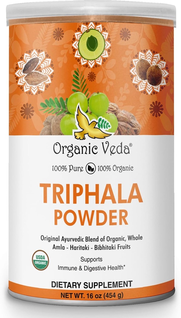 Organic Veda Triphala Powder with Amla, Haritaki, Bibhitaki Fruits - 100% Natural Ayurvedic Triphala Powder - Izboljšuje Imunsko podporo, Digestion, Colon Cleanse, Skin Health - Vegan, Non-GMO - 16oz