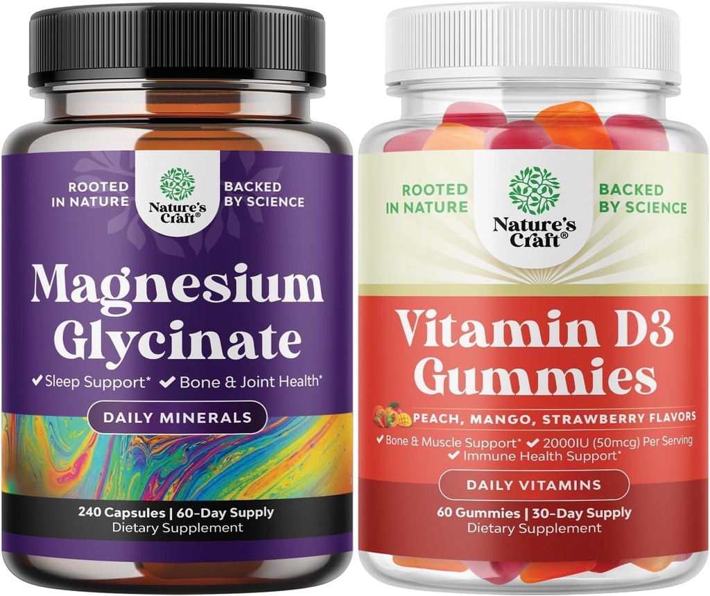 Sveženj čistega magnezija Glicinat 400mg na strežbo za Mood Sleep in sprostitev 240ct in vitamin D3 Gumies za dnevno wellness ali kostne mišice in imunske podpore