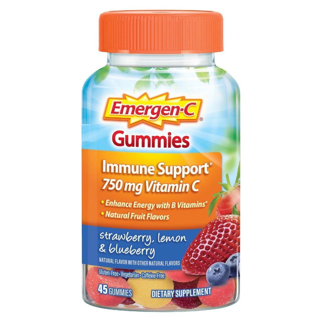 Emergen-C 750mg Vitamin C Gumiji za odrasle, Imunska podpora Gumies, Gluten Free, Jagoda, Lemon in borovnice Okusi - 45 Število