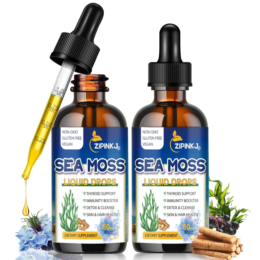 Organic Sea Moss Kapljice, 11 v 1 Black Seed Oil & Irish Liquid Sea Moss Gel Ashwagandha Burdock Root, Spirulina, Bladderwrack, Elderberry for Digestion, Immunity, Skin Hair Health, Non-GMO - 4 Fl Oz