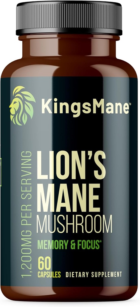 KingsManeTM Organic Lion's Mane Gobe dopolnilo, Spomin, Fokus, & Clarity Brain Support, 1200mg, 60 Kapsule