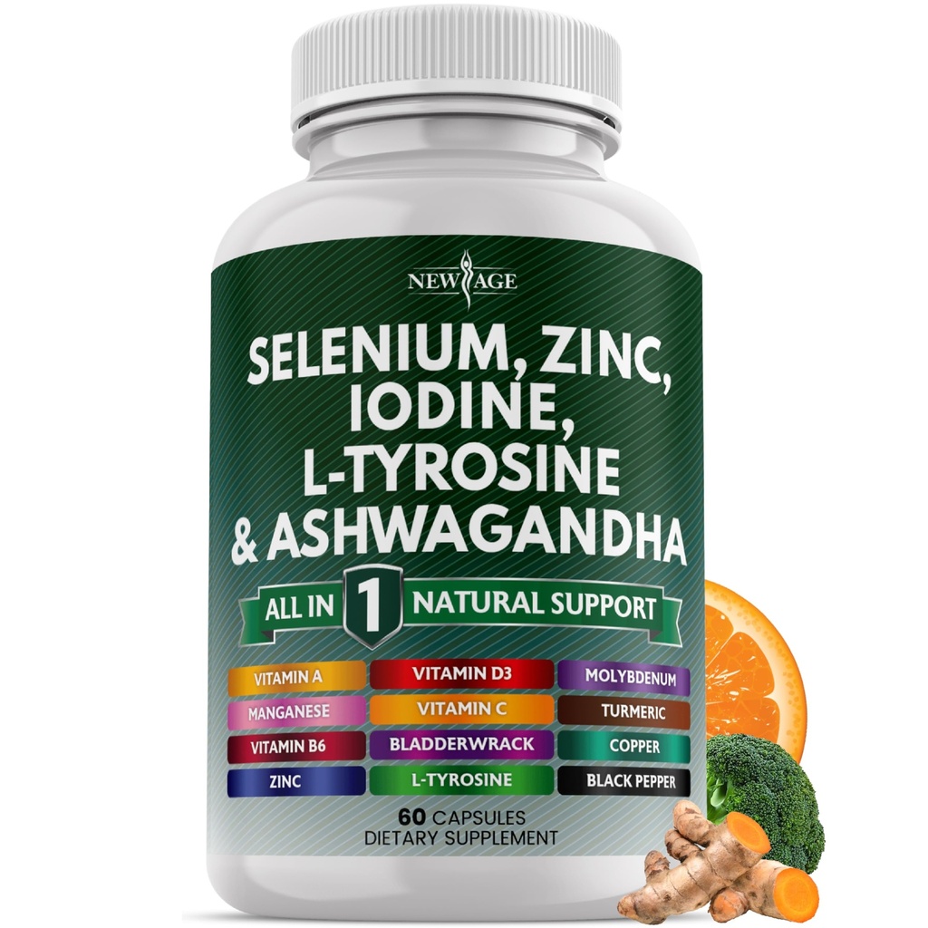 Selen, cink, jod, L tirozin, Ashwagandha - podporni dodatek za ženske in moške z Bladderwrack, Kurmer, Silica Kelp, Schisandra - 60 Count