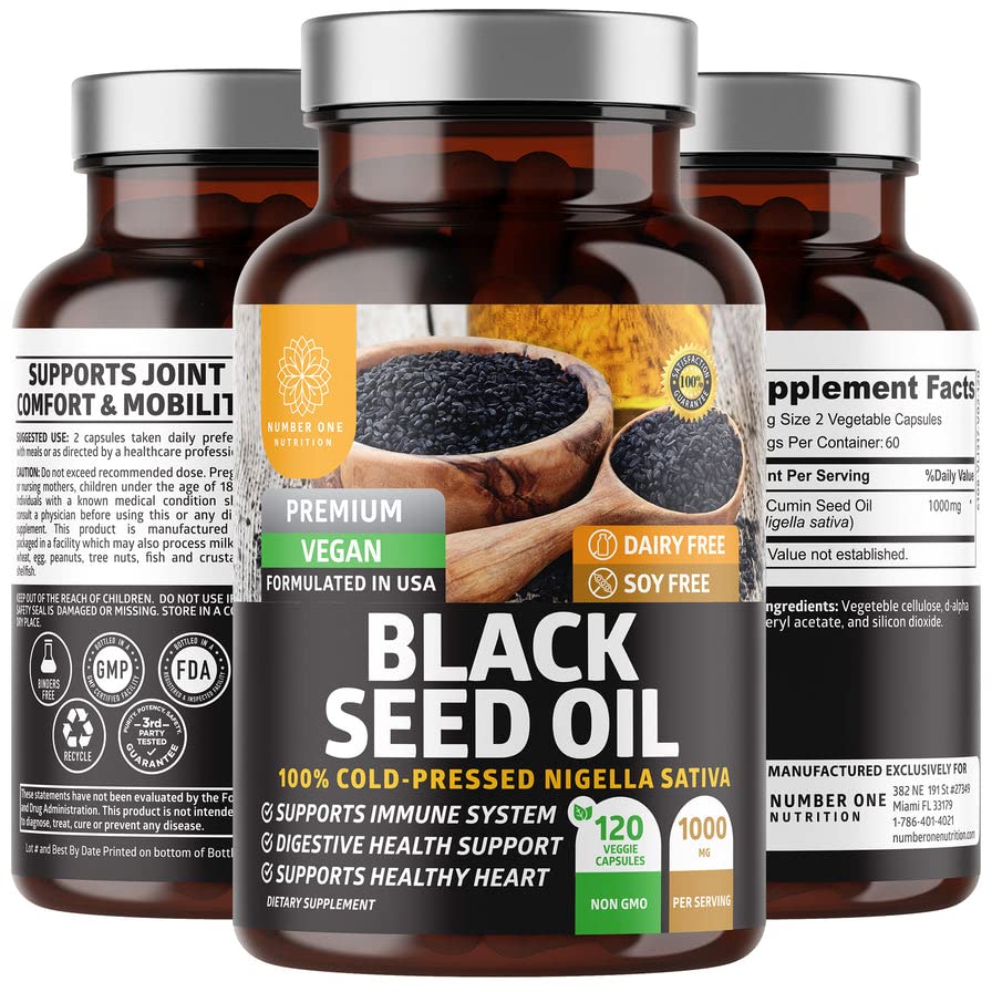 Številka One Nutrition N1N Premium Black Seed Oil [Max Jakost, 1000 mg] 100% Cold-Presed Nigela Sativa za podporo digestion, imunski sistem in skupno udobje in mobilnost, 120 Caps