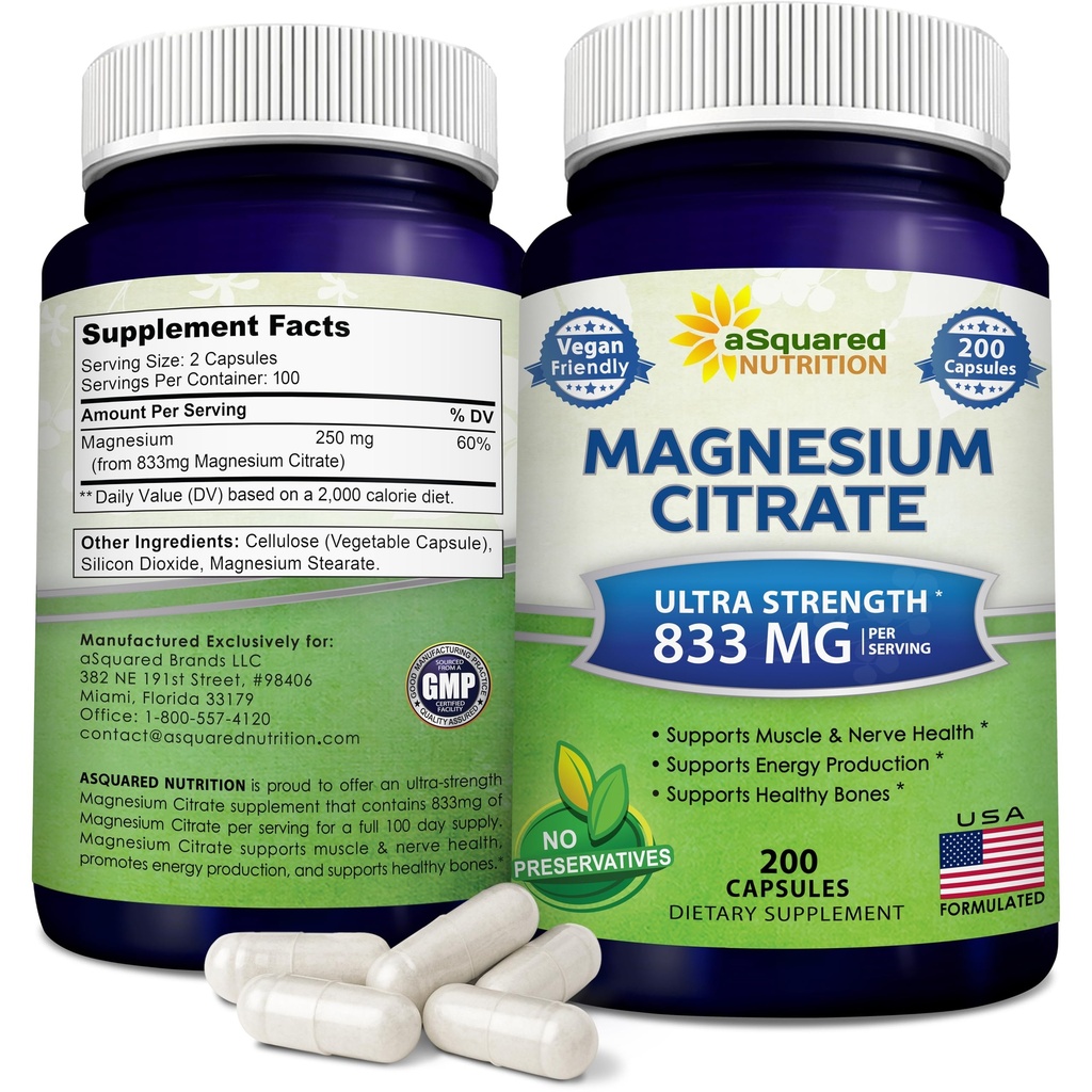 aSquared Nutrition Magnezijev citrat 833mg dodatek - 200 kapsul - Max Moč Vegan Mag Citrat tablete v prahu za podporo čiste funkcije mišic, srca in kosti - pomaga povečati energijo