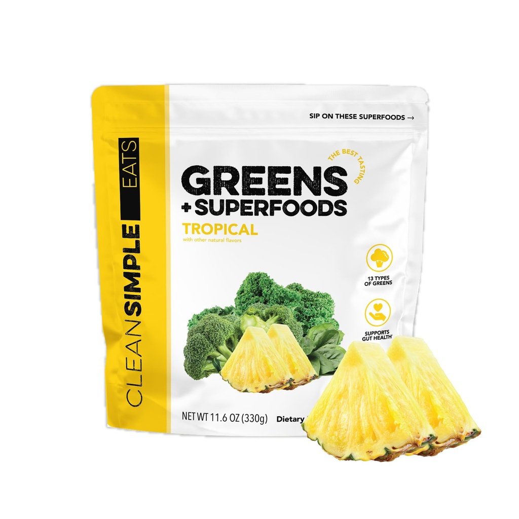 Čista preprosta hrana Super zelena v prahu, naravno aromatizirani zeleni v prahu s klorelo, Spirulina, Superživila in prebiotične vlaknine, brez umetnih sestavin, Gluten brezplačno, Tropical Greens aroma, 30 Srvg