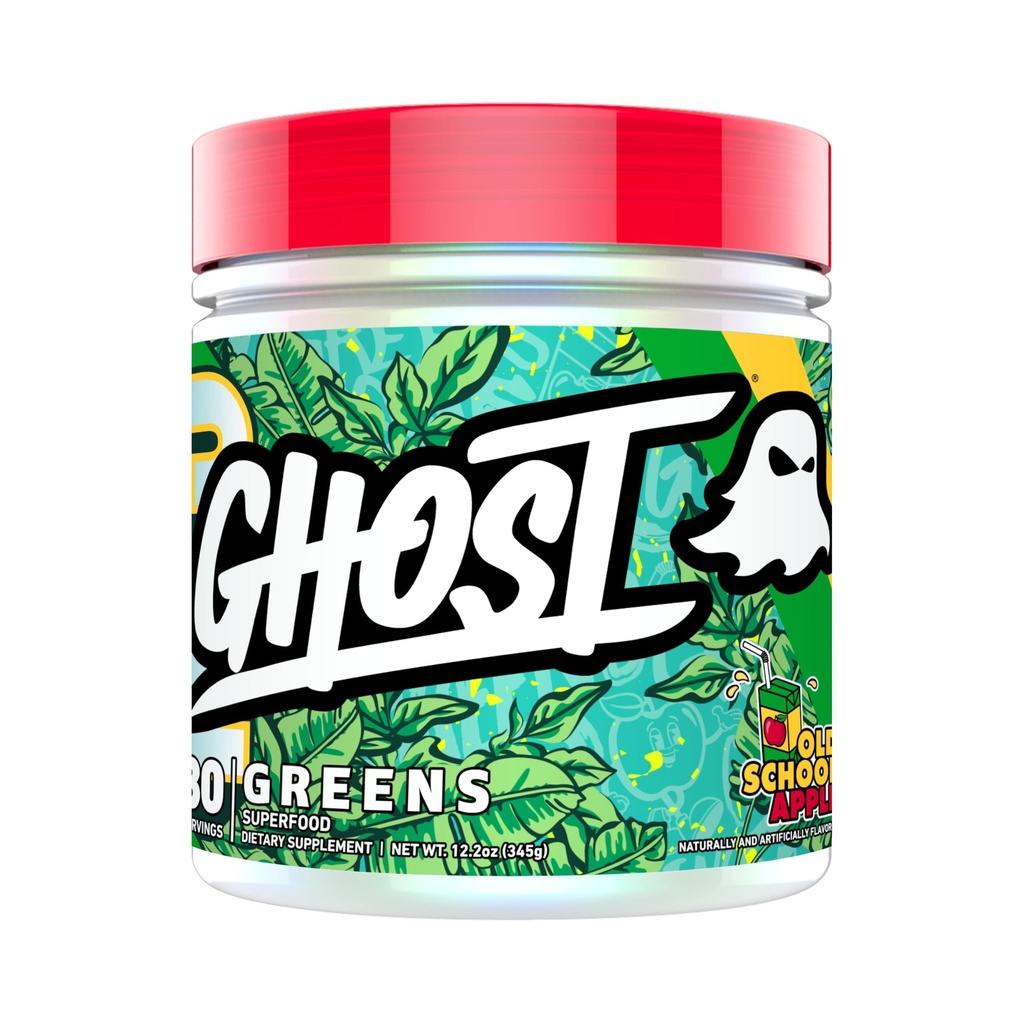 GHOST Greens Superfood Powder, Old School Apple - 30 Servings - 19 Super Greens & Reds, Sadje, Zelenjava, Spirulina, & Klorella, Prebiotiki, 10 milijard CFU Probiotik & Prebavne encimi - Soy-free