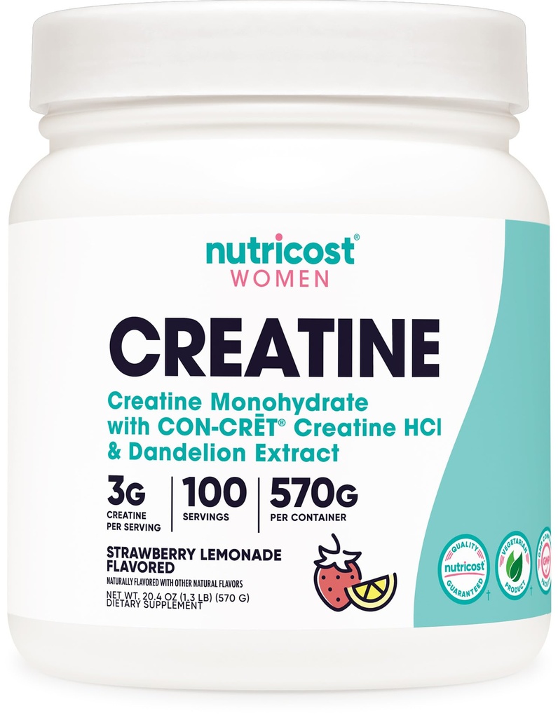 Nutricost Kreatin monohidrat v prahu za ženske, mikroniziran, jagodna limonada, 100 serviranja - vegetarijanski, ne-GMO, Gluten brezplačno