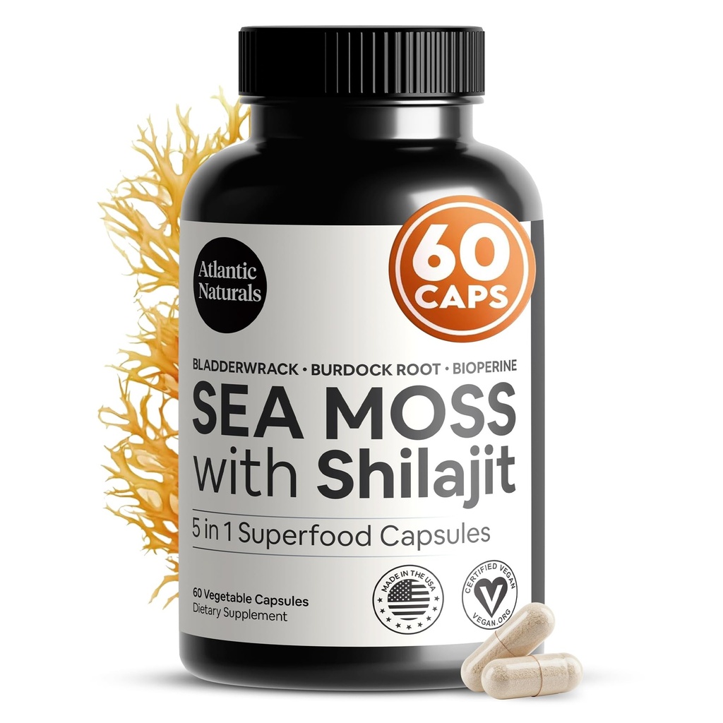 Atlantic Naturals Sea Moss in Shilajit kapsule – 5-v-1 Seamoss Shilajit Combo z Bladderwrack, Burdock Root & Black Pepper – Sea Moss dodatki za absorpcijo in vitalnost – 2705 mg – 60 Count