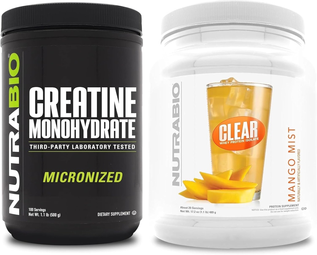 NutraBio Kreatin Monohidrat, brez arome, (500 g) in čisti izolat sirotkinih beljakovin, (Mango Mist) dopolnilo – mišična energija, največja rast, regeneracija in moč