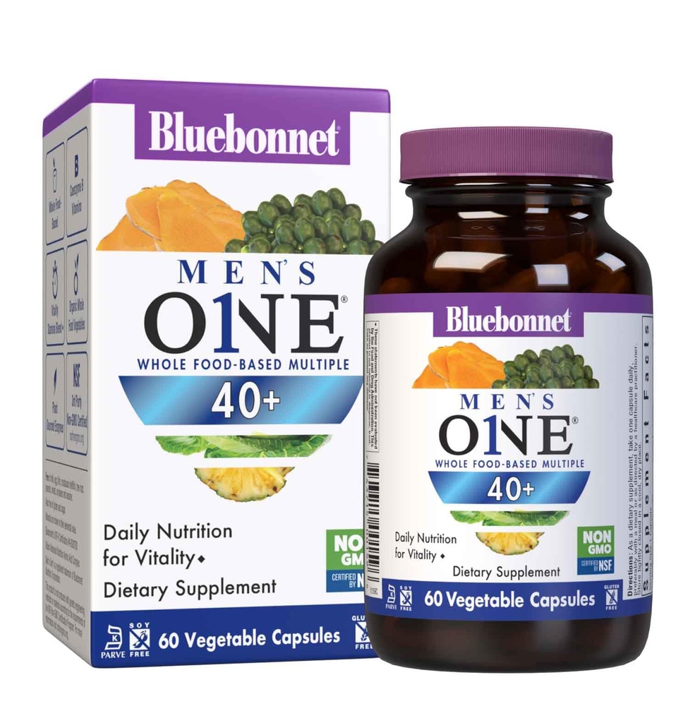 Bluebonnet Nutrition Men's ONE 40+ Cela hrana na osnovi več, Moški multivitaminski za moške 40+, Soy-free, Non-GMO, Gluten Free, Košir, 60 Zelenjavne kapsule, 60 Serving
