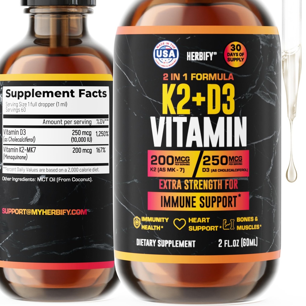 Kapljice vitamina D3 K2 – tekoči vitamini za ženske, moške in najstnice – dodatki za moč kosti – D3 K2 Mt Vitamini za imuno podporo in zdravje srca – Vitamin D3 10000 Iu Tekoče kapljice K2 – 2 oz